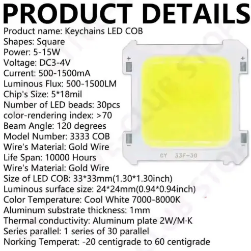 : LED COB 3333 – 5-15W – 3-4V – Blanco Frío 7000-8000K – Tamaño 33x33mm's photo #1