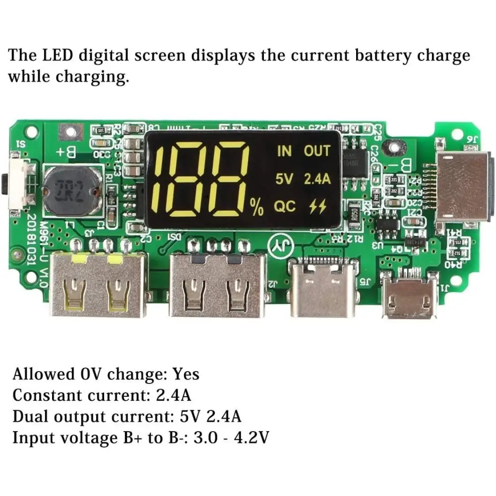 Módulo para Power Bank – 5V 2.4A con QC (Carga Rápida) – Pantalla LED porcentaje – Carga desde 0V's photo #1