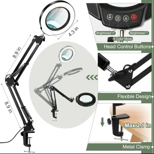 10X Lupas con luz y abrazadera, lupa iluminada con soporte de cristal real, 5 modos de color, lámpara LED — imagen 4