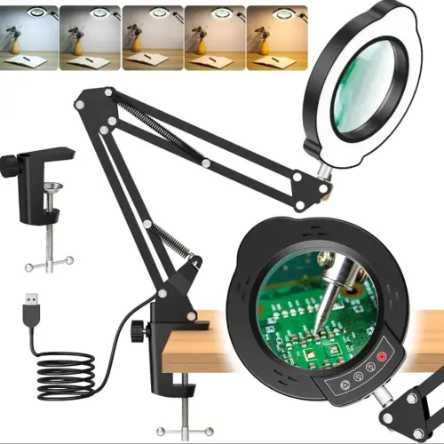 10X Lupas con luz y abrazadera, lupa iluminada con soporte de cristal real, 5 modos de color, lámpara LED — imagen 1