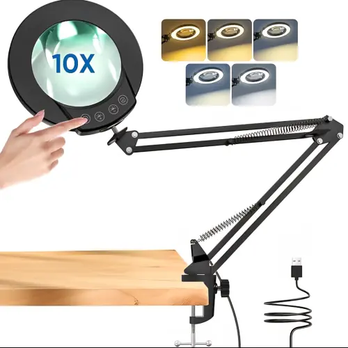 Lupa 10X con luz y abrazadera, lupa iluminada de cristal real con 5 modos de color y regulable continuo, lámpara de electrónica — imagen 1