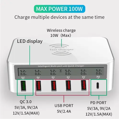 Cargador inalámbrico QAWACHH QC3.0 + USB-C/Tipo-C + 4 puertos USB con pantalla LCD inteligente's photo #1