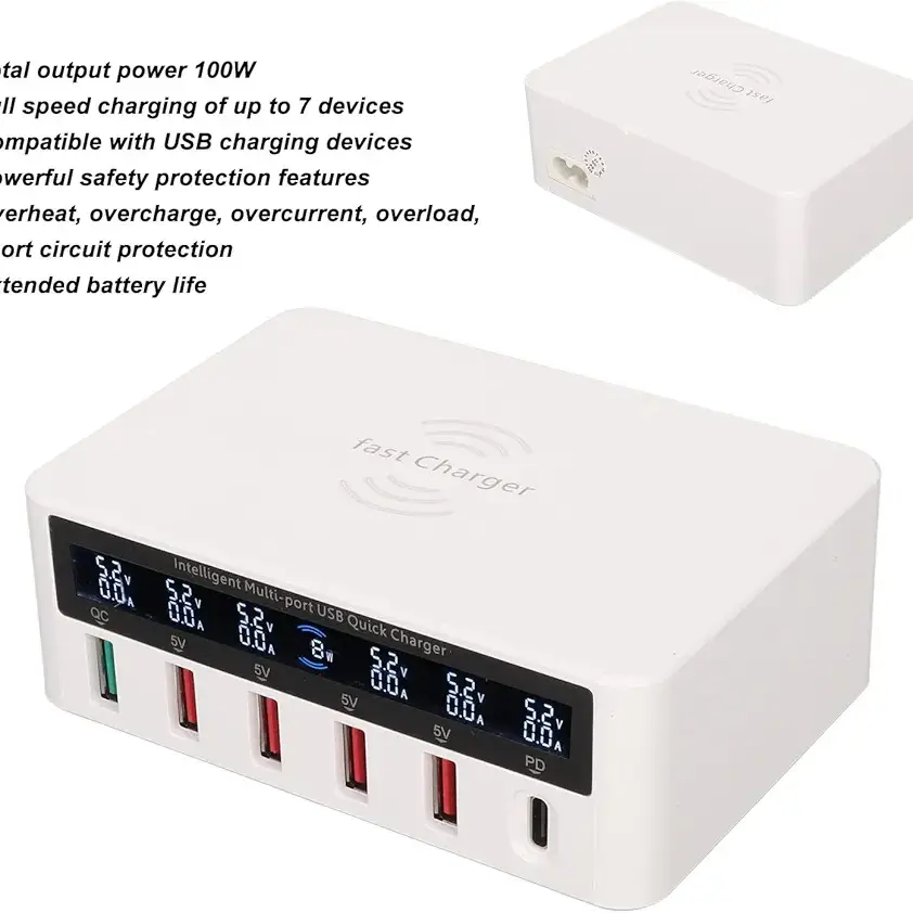 Cargador inalámbrico QAWACHH QC3.0 + USB-C/Tipo-C + 4 puertos USB con pantalla LCD inteligente's photo #2
