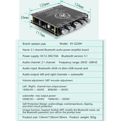 S220H 2.1 Canal Bluetooth 5.0 Subwoofer Power Amplifier Board TDA7498E 160W×2+220W, Módulo Amplificador de Potencia de Audio 12V-38V — imagen 3