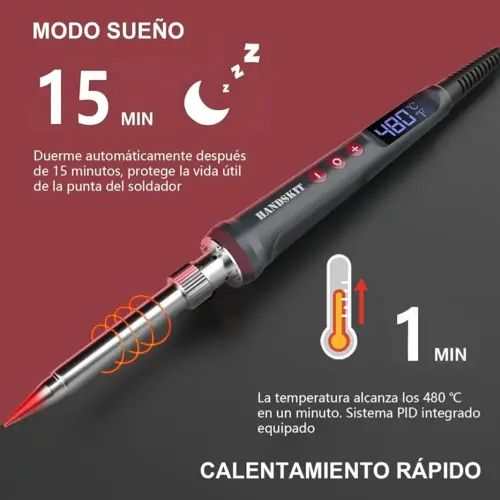 HANDSKIT Soldador Eléctrico 200W con Control de Temperatura Ajustable (180°C-480°C), Pantalla LED, Calentamiento Rápido, Kit Completo con Puntas — imagen 2