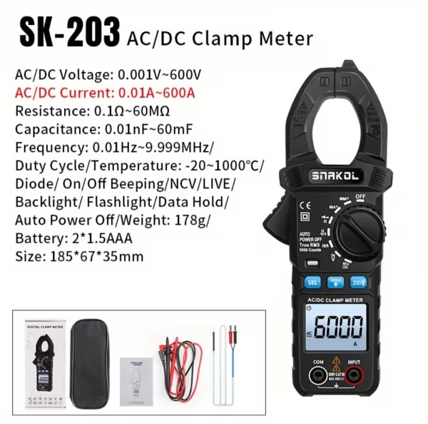 Pinza Amperimétrica AC/DC SK-203 – 600A – True RMS – Medición de Corriente Continua (DC) – Multímetro Digital con NCV, Capacitancia y Temperatura's foto | Elecpro Havana |  BizneCubano