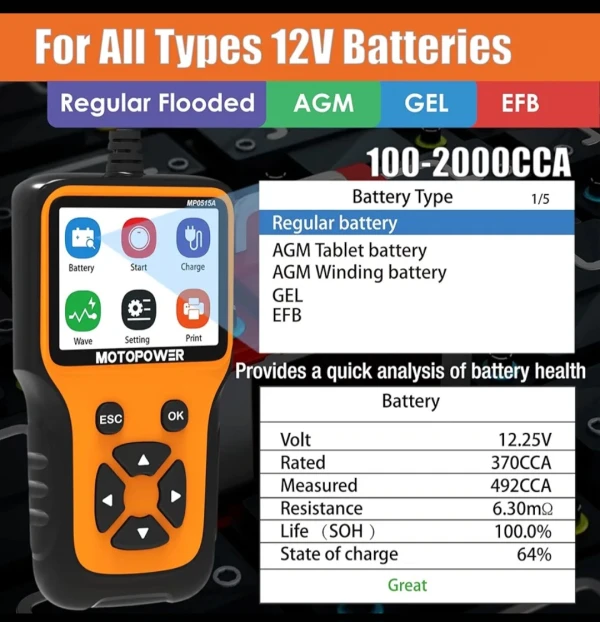 Probador de batería de automóvil MOTOPOWER MP0515A de 12 V, comprobador de carga de batería de 100-2000 CCA, comprobador de sistema de arranque y carga de automóviles's foto | Elecpro Havana |  BizneCubano