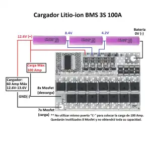BMS Multiconfigurable 100A para Baterías de Litio – 3S (12V) / 4S (16.8V) / 5S (21V) – Con Balanceo de Celdas miniatura 2