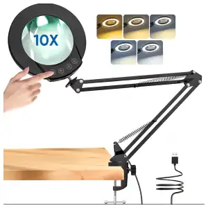 Lupa 10X con luz y abrazadera, lupa iluminada de cristal real con 5 modos de color y regulable continuo, lámpara de electrónica miniatura 1