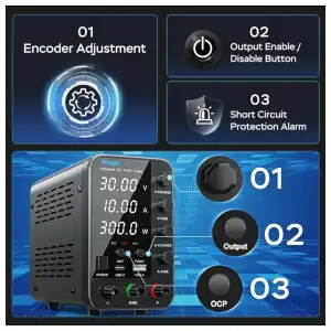 HANGELL – Fuente de Alimentación de CC Variable 30V 10A | Banco de Laboratorio con Ajuste Grueso/Fino, Protección OCP y Pantalla LED miniatura 2